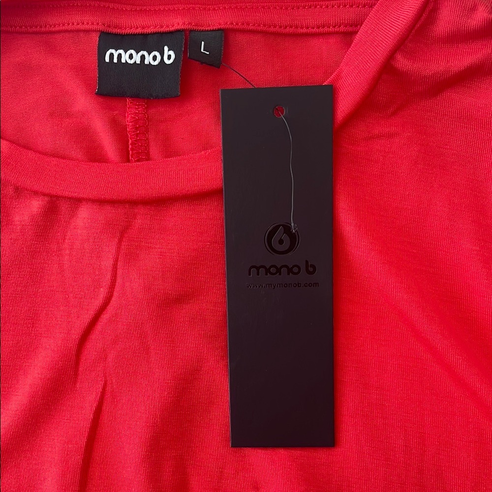 Mono B Red Crop Top Size L Tie Shoulder Cold Shoulder Elastic Hem NWT - Picture 2 of 7